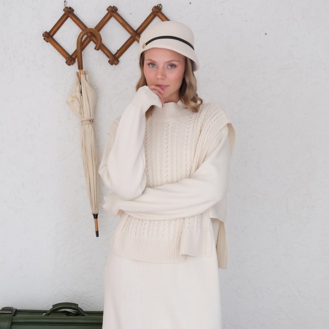 Cream Triko Dress with Vest
