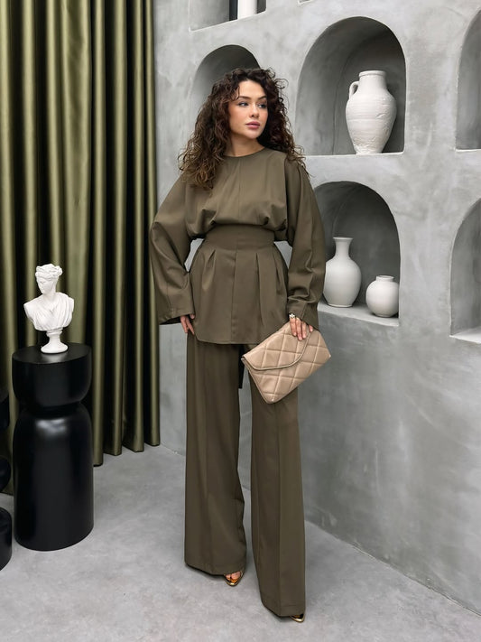 Olive oil crêpe belted set