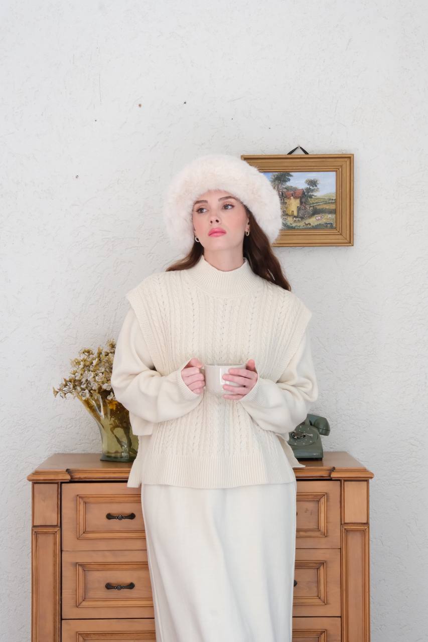 Cream Triko Dress with Vest