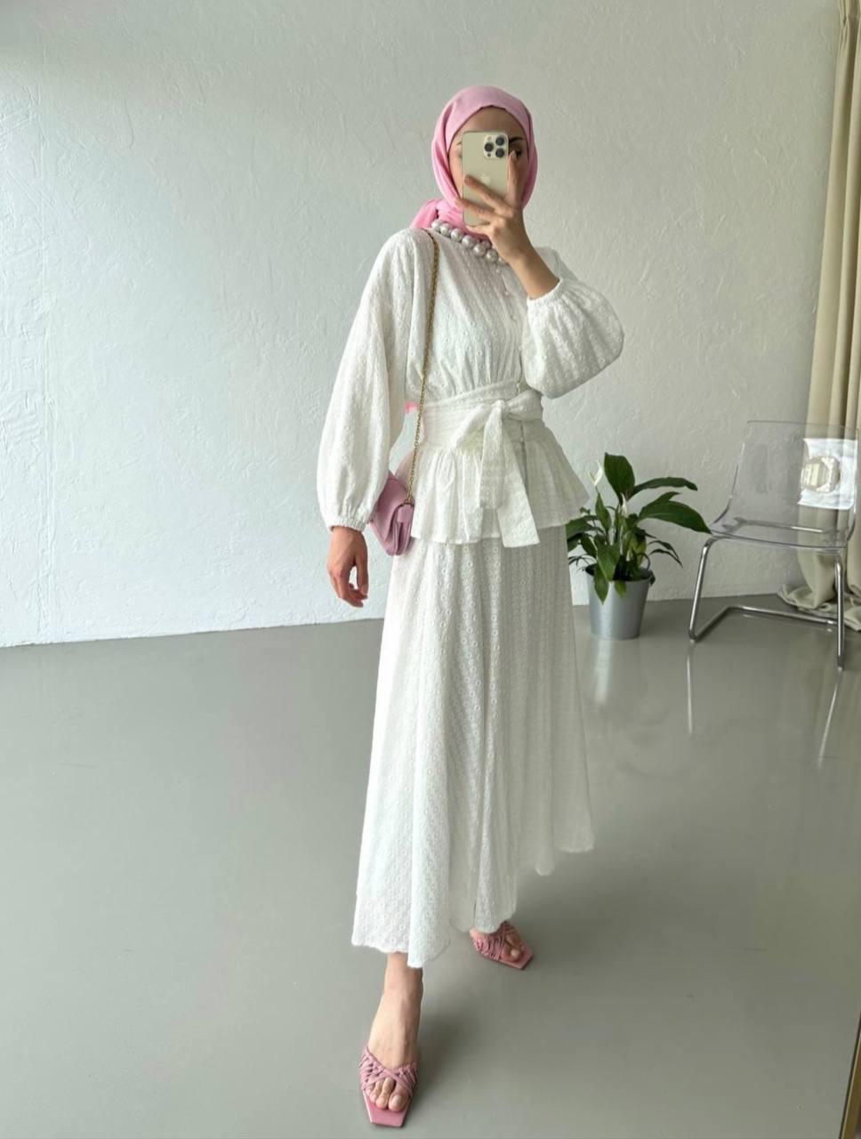 "Dove" belted skirt set